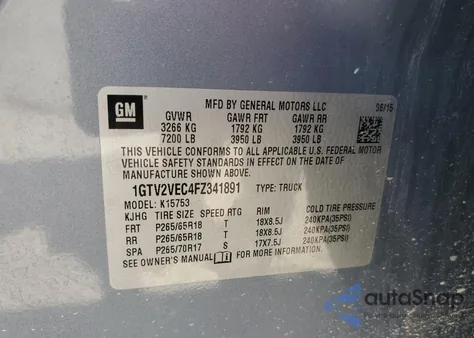 2015 GMC Sierra K1500 Slt из США, поврежденный, VIN 1GTV2VEC4FZ341891